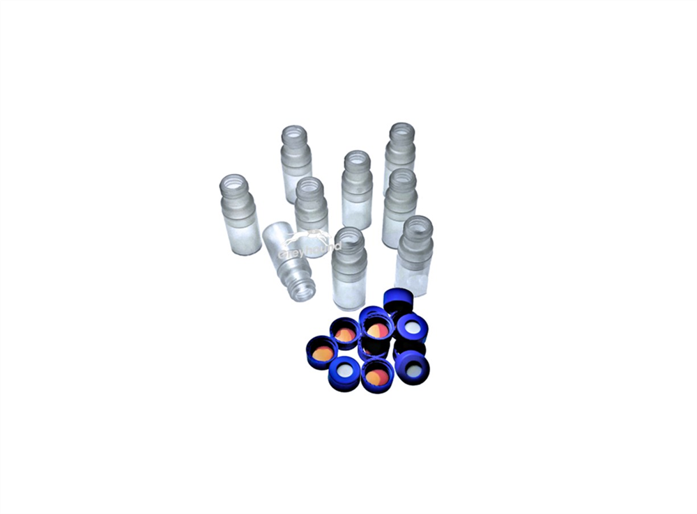 Picture of Vial Kit - P/N 60-100007 and 60-101035-B  Polypropylene Vial, 100-300µL, Screw Top , Short Thread + 9mm Blue Open Hole Cap with 1mm thick Polyimide/Silicone Septa for PFAS Testing